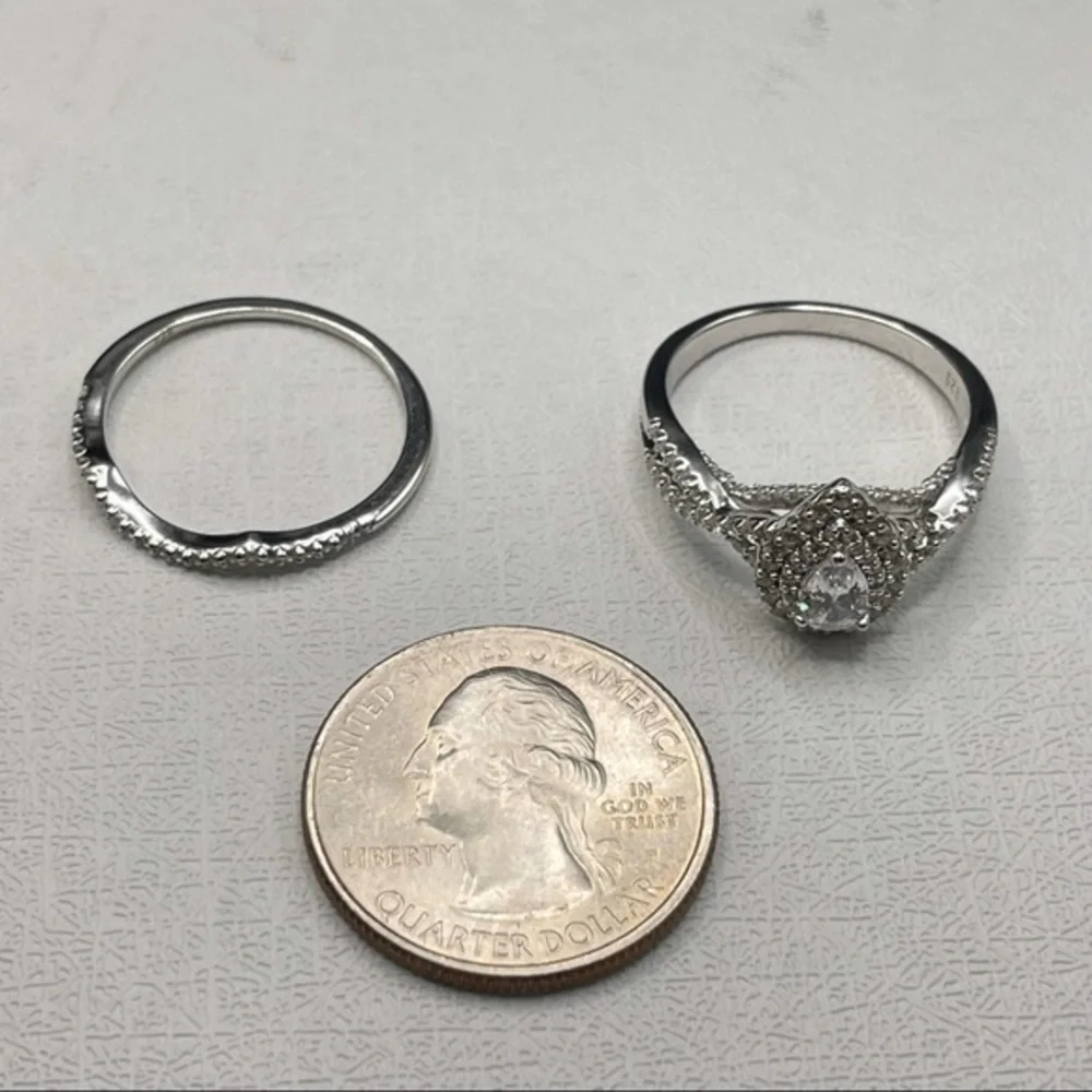 925 Sterling Silver Pear Cut Diamond 2 Band Wedding‎ Ring Set 9